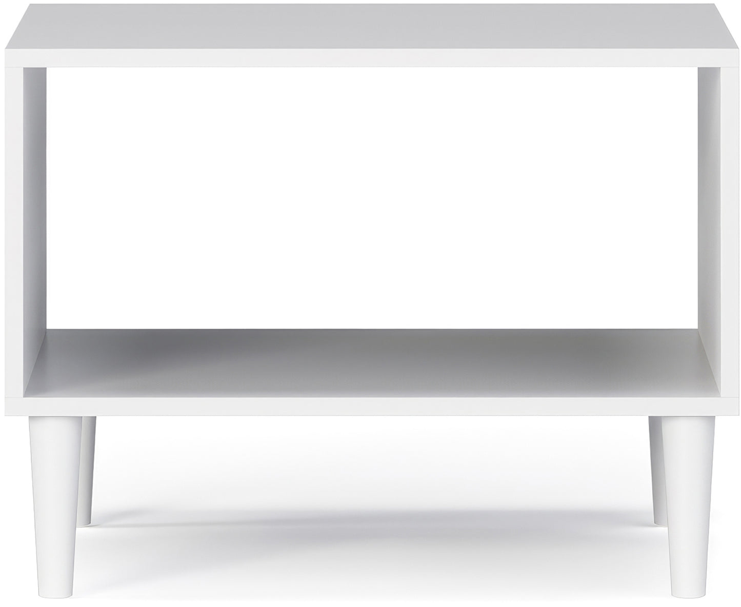 Stolik kawowy Dullum w kolorze białym – widok frontalny na białym tle, prezentujący prostą, nowoczesną konstrukcję z jedną otwartą półką i stożkowymi nogami.