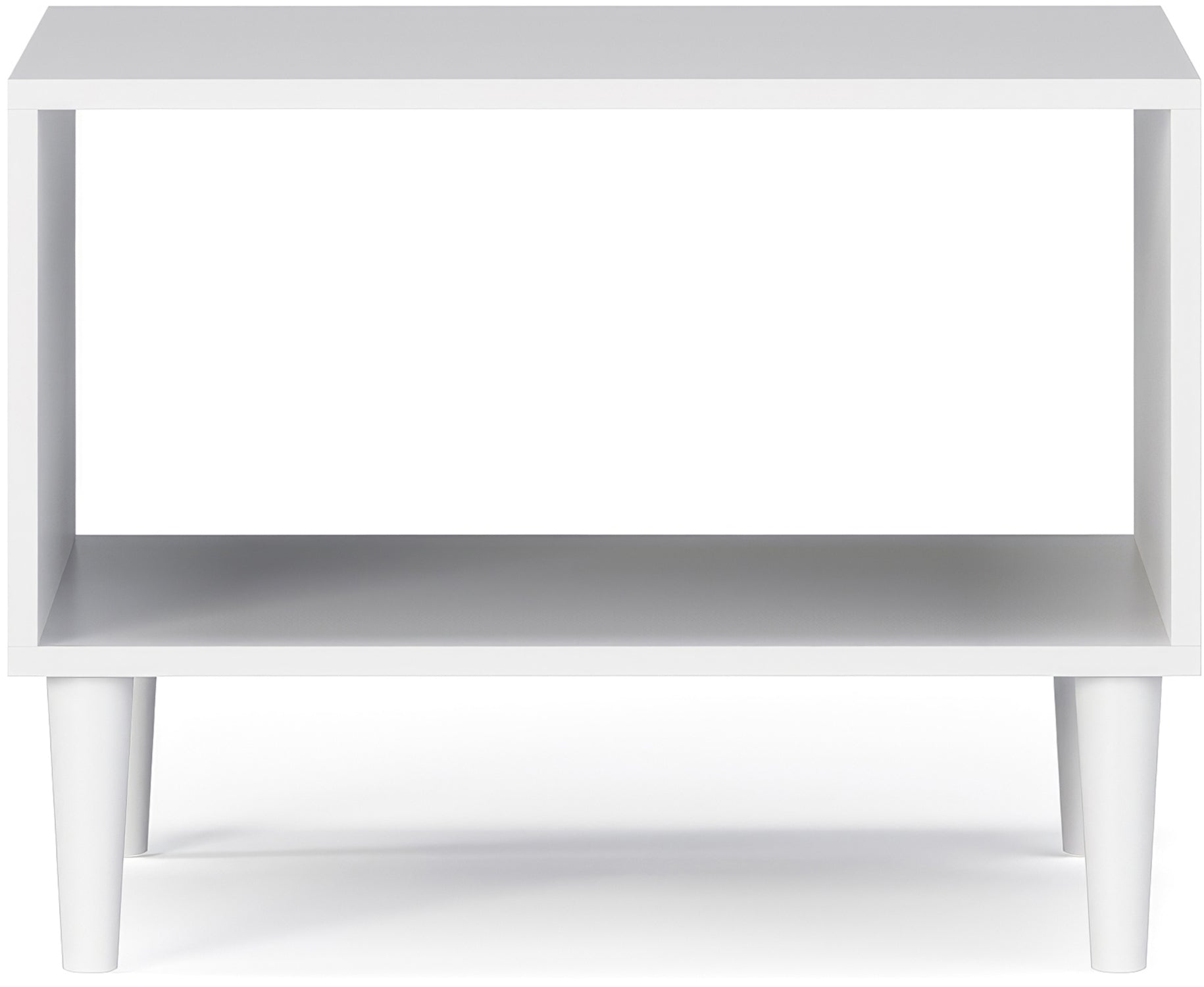 Stolik kawowy Dullum w kolorze białym – widok frontalny na białym tle, prezentujący prostą, nowoczesną konstrukcję z jedną otwartą półką i stożkowymi nogami.