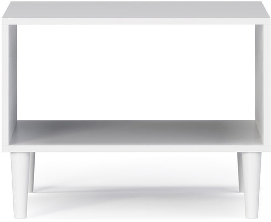 Stolik kawowy Dullum w kolorze białym – widok frontalny na białym tle, prezentujący prostą, nowoczesną konstrukcję z jedną otwartą półką i stożkowymi nogami.