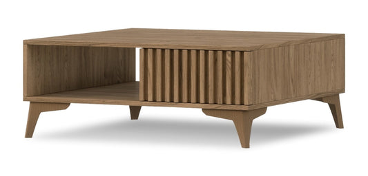 Stolik kawowy Entsian w dębie artisan – packshot z otwartą wnęką.