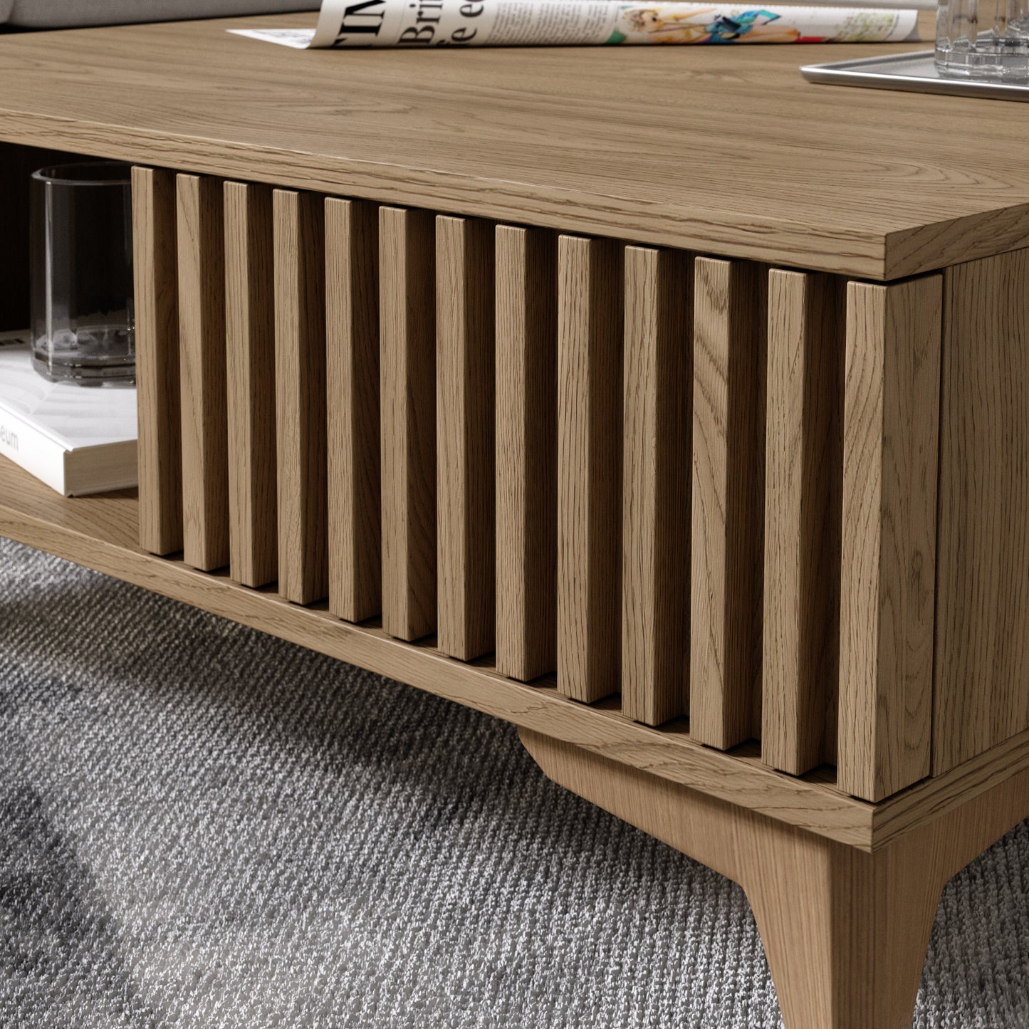 Detal lameli stolika Entsian – bok korpusu w dębie artisan.