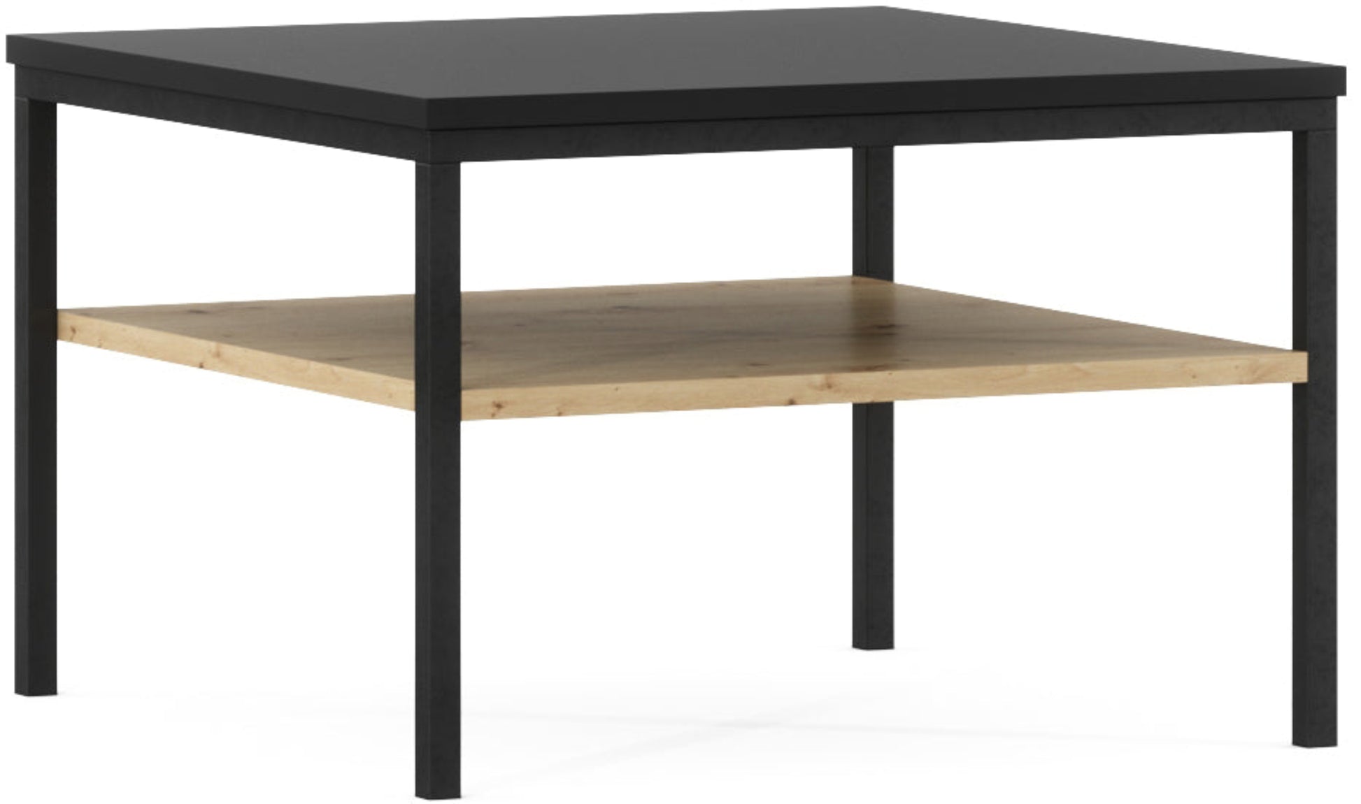 Stolik kawowy Lanzi z czarnym blatem, metalową ramą i naturalną drewnianą półką, utrzymany w nowoczesnym industrialnym stylu.