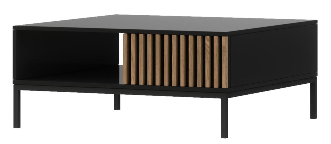 Stolik kawowy Meorati, czarny z lamelami dąb artisan; front, półka otwarta.
