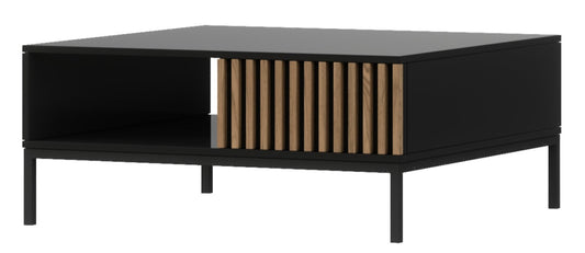 Stolik kawowy Meorati, czarny z lamelami dąb artisan; front, półka otwarta.