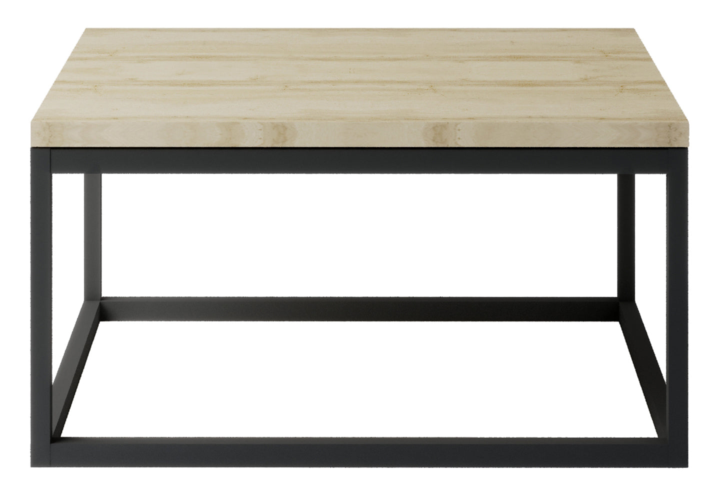 Stolik kawowy Moss w kolorze brązowym – widok studyjny z przodu, prostokątny blat z jasnobrązowego drewna na czarnej, metalowej ramie w stylu industrialnym.