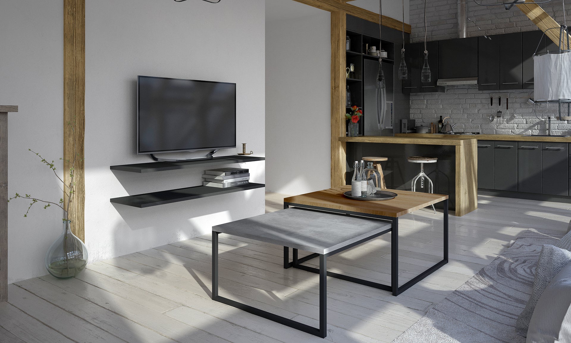 Stoliki kawowe Nevio w kolorze brązowo-szarym – aranżacja w nowoczesnym salonie z aneksem kuchennym, pokazująca kontrastowy zestaw mebli o drewniano-betonowych blatach i czarnej konstrukcji.