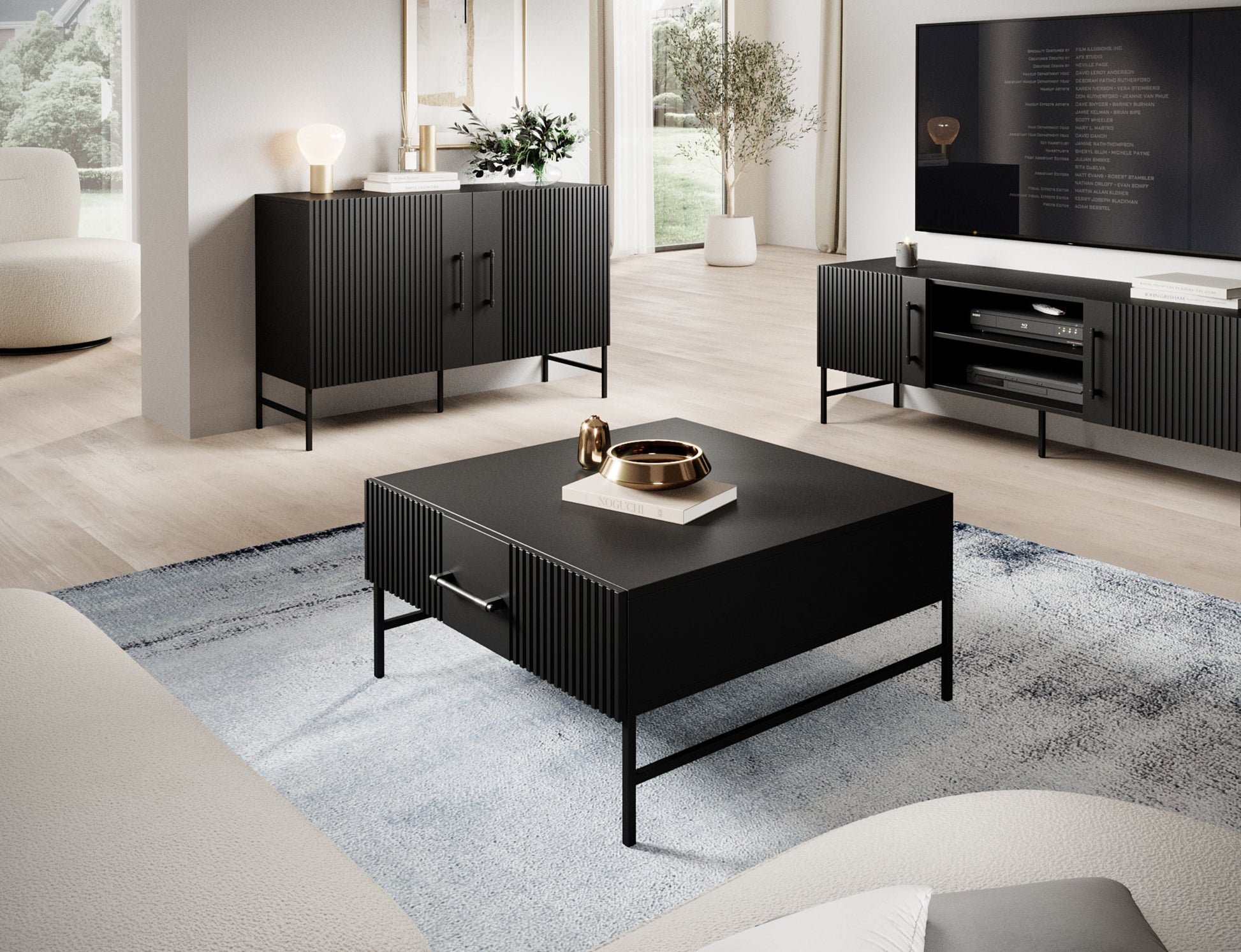 Stolik kawowy Raftt – nowoczesny design w widoku bocznym, elegancka konstrukcja i funkcjonalne przechowywanie do salonu.