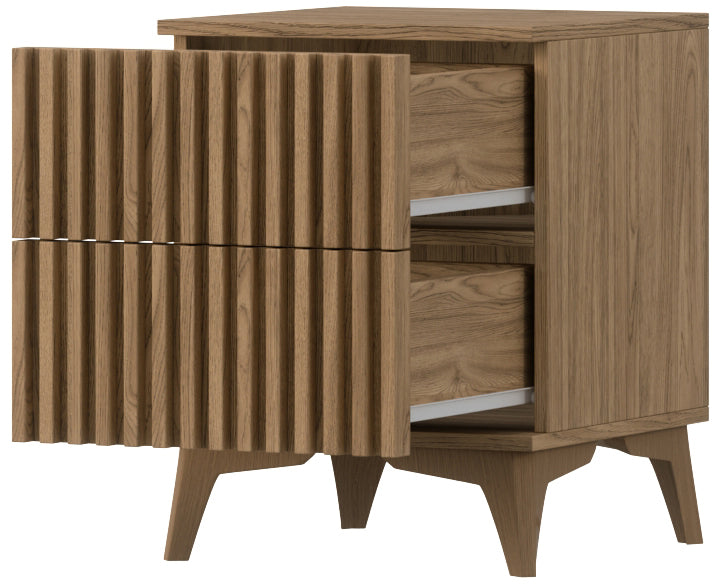 Półprofil stolika nocnego Entsian – wnęka i lamelowy front.