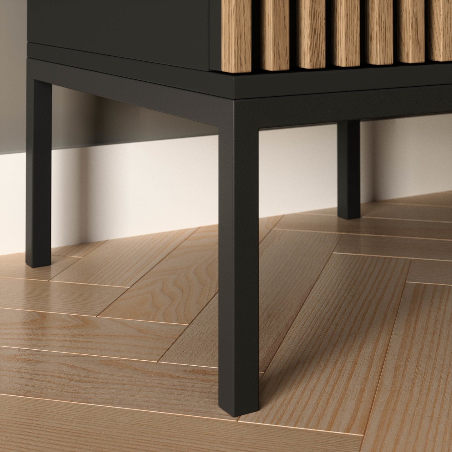 Zbliżenie frontu szuflady stolika nocnego Meorati z metalowym uchwytem, czarny.