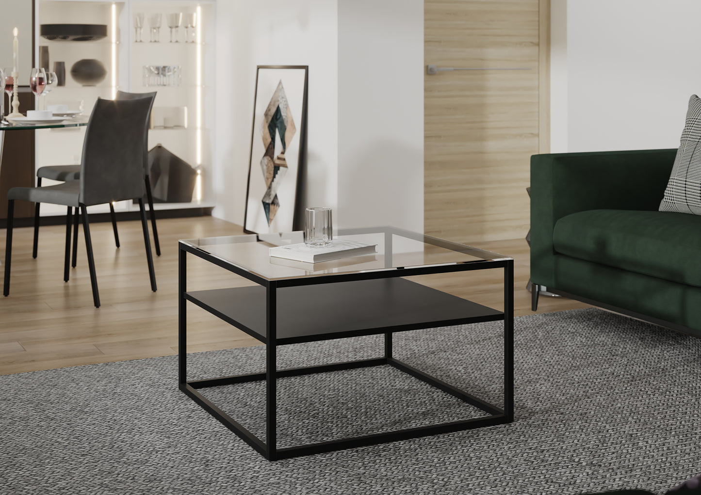 Kwadratowy stolik Linze wykonany z metalu z praktycznym dolnym poziomem. Funkcjonalny design ułatwia organizację przestrzeni w salonie.
