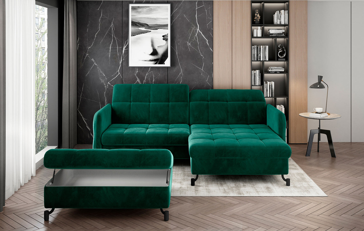 Elegancka pufa Lorelle Monolith 37 w odcieniu butelkowej zieleni do salonu, sypialni lub garderoby. Pikowane wykończenie dodaje bryle stylowego wyglądu.
