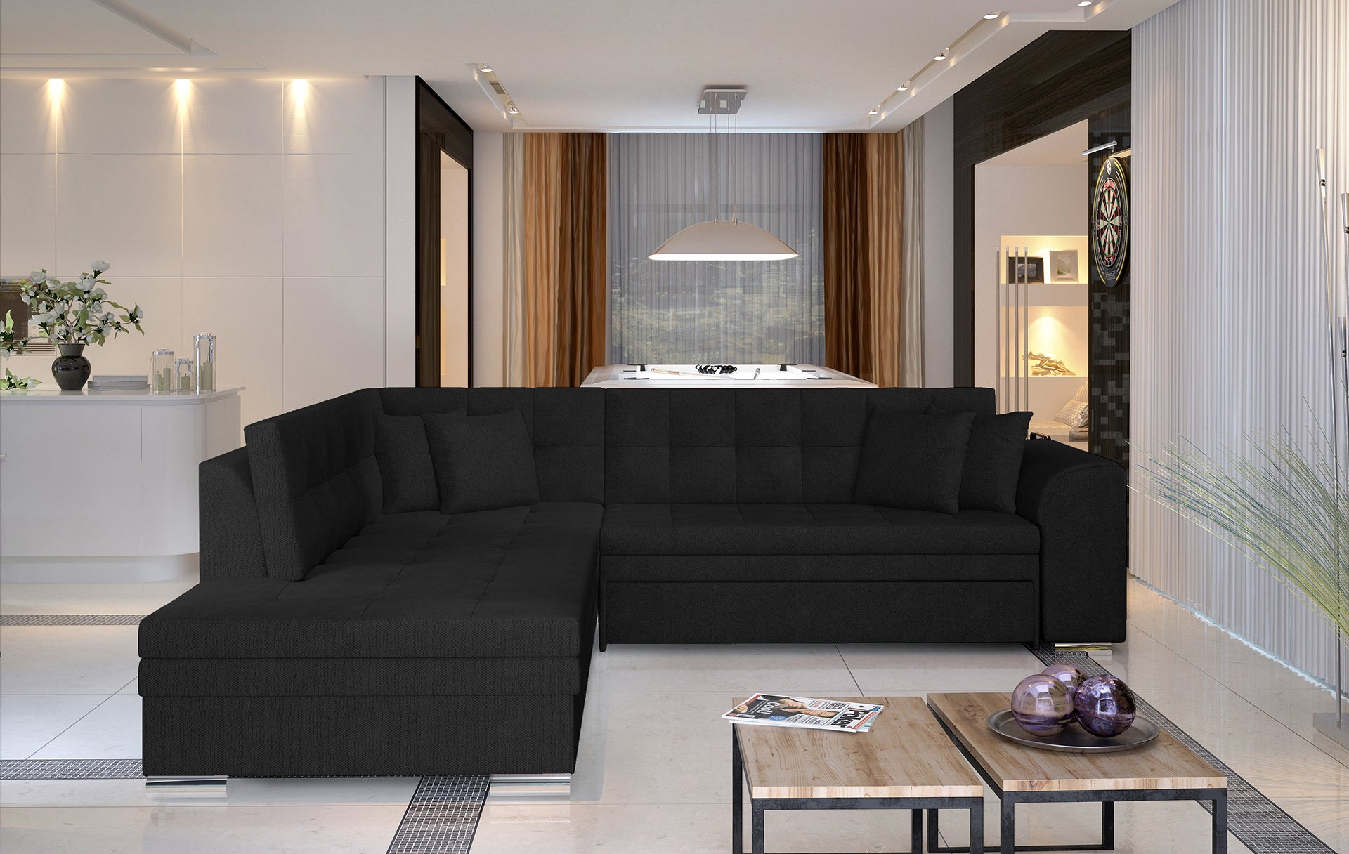 Czarny narożnik Pieretta lewy w tkaninie Kronos 07 to wygodny mebel do salonu, który łączy nowoczesny design z funkcjonalnością i stanowi idealne miejsce do codziennego wypoczynku dla całej rodziny.