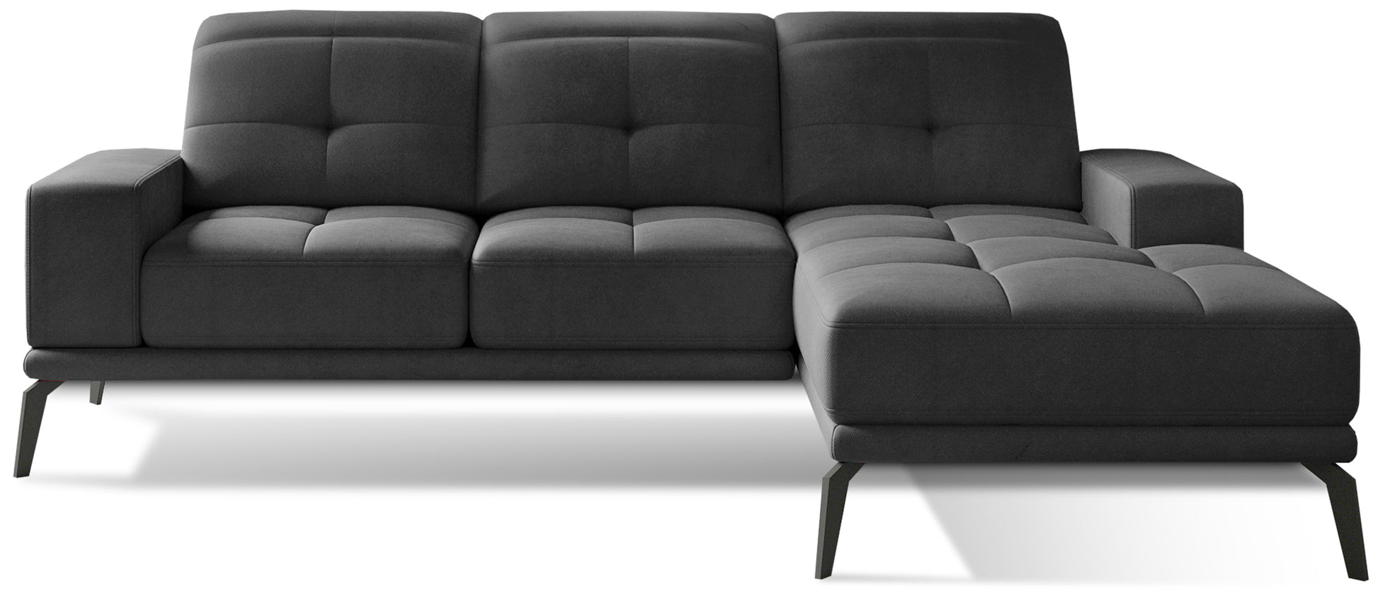 Designerski narożnik w ciemnoszarej tkaninie Monolith 97 z wygodnymi poduszkami oparciowymi oraz nowoczesną linią. Duży narożnik wypoczynkowy do salonu tworzący funkcjonalną strefę codziennego odpoczynku i relaksu.