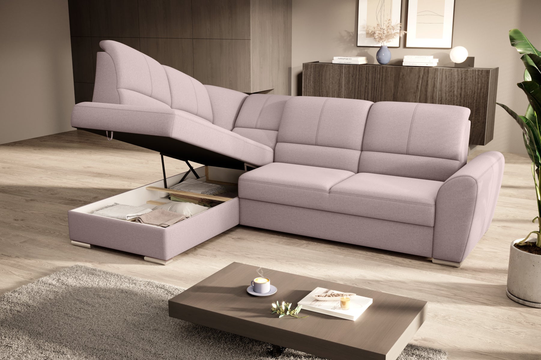 Duży narożnik Siber lewy w tkaninie Gojo 101 w kolorze jasnoróżowym to komfortowa sofa wypoczynkowa, która łączy funkcjonalność z subtelnym i eleganckim wyglądem wnętrza.