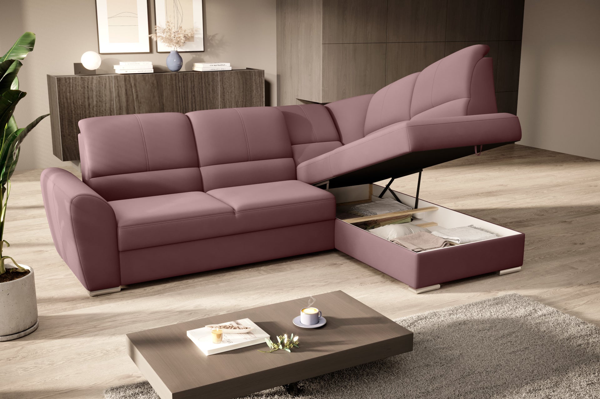Duży narożnik Siber prawy w tkaninie Velvetmat 24 w kolorze różowym to komfortowa sofa wypoczynkowa do salonu, która łączy funkcjonalność z delikatnym i stylowym wyglądem wnętrza.