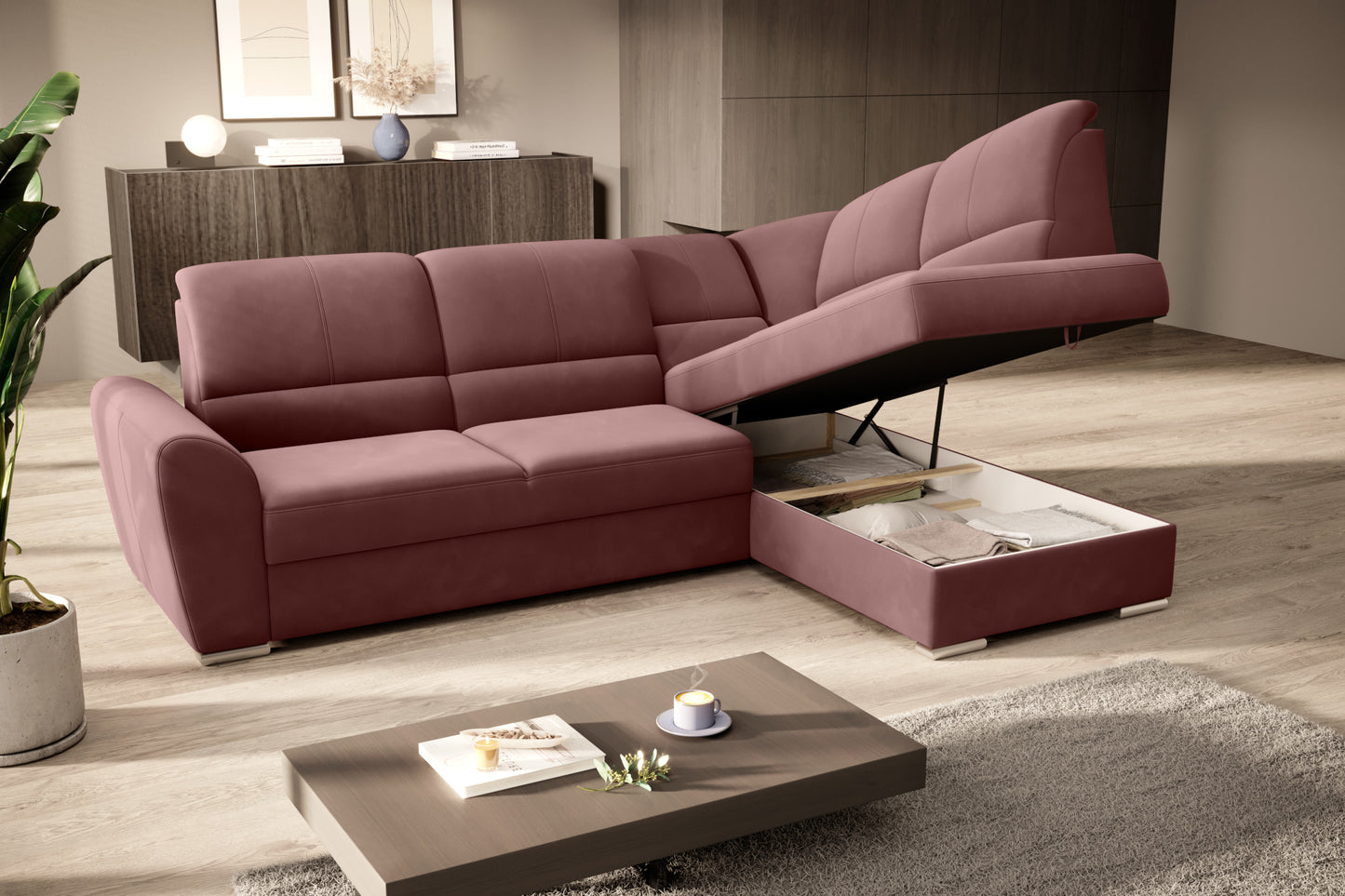 Duży narożnik Siber prawy w tkaninie Lukso 24 w kolorze różowym to komfortowa sofa wypoczynkowa z funkcją rozkładania i pojemnikiem na pościel, która sprawdzi się w codziennym użytkowaniu.