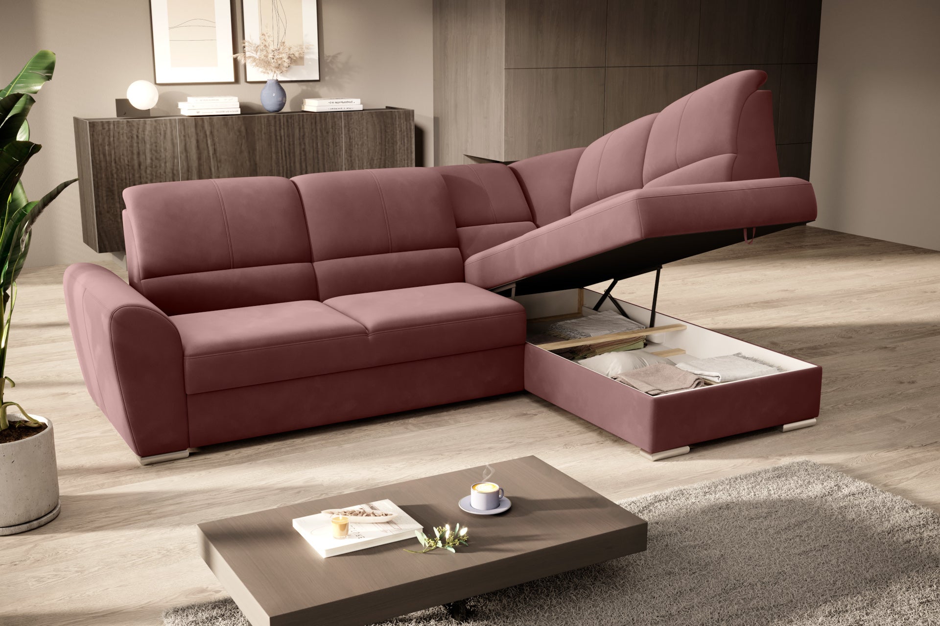 Duży narożnik Siber prawy w tkaninie Lukso 24 w kolorze różowym to komfortowa sofa wypoczynkowa z funkcją rozkładania i pojemnikiem na pościel, która sprawdzi się w codziennym użytkowaniu.