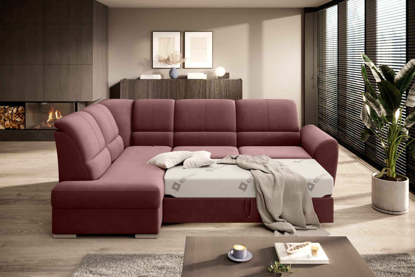 Duży narożnik Siber lewy w tkaninie Lukso 24 w kolorze różowym to komfortowa sofa wypoczynkowa, która łączy funkcjonalność z modnym i delikatnym wyglądem wnętrza.
