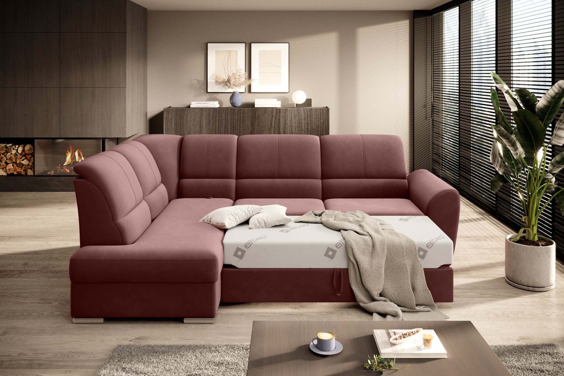 Duży narożnik Siber lewy w tkaninie Lukso 24 w kolorze różowym to komfortowa sofa wypoczynkowa, która łączy funkcjonalność z modnym i delikatnym wyglądem wnętrza.
