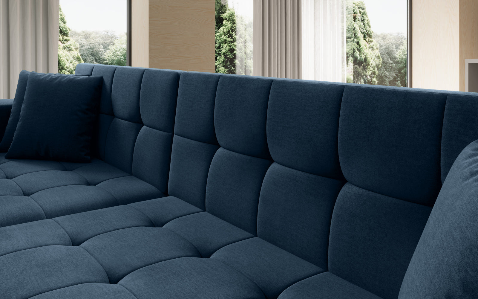 Duży narożnik Solange lewy w tkaninie Monolith 77 w kolorze granatowym to komfortowa sofa wypoczynkowa, która łączy funkcjonalność z eleganckim i ponadczasowym stylem wnętrza.