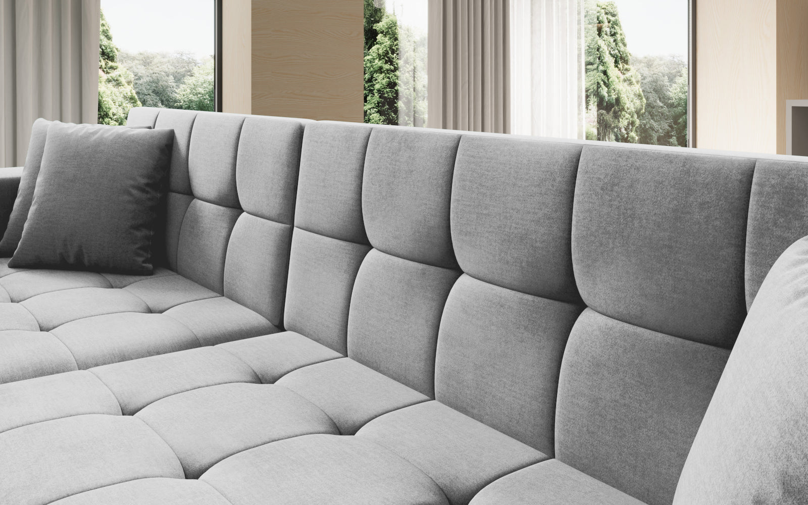Duży narożnik Solange lewy w tkaninie Monolith 84 w kolorze jasnoszarym to wygodna sofa wypoczynkowa, która łączy funkcjonalność z subtelnym i eleganckim wyglądem wnętrza.