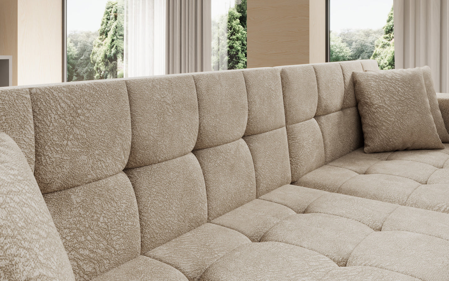 Duży narożnik Solange prawy w tkaninie Dora 21 w kolorze beżowym to wygodna sofa wypoczynkowa, która łączy funkcjonalność z eleganckim i uniwersalnym wyglądem wnętrza.