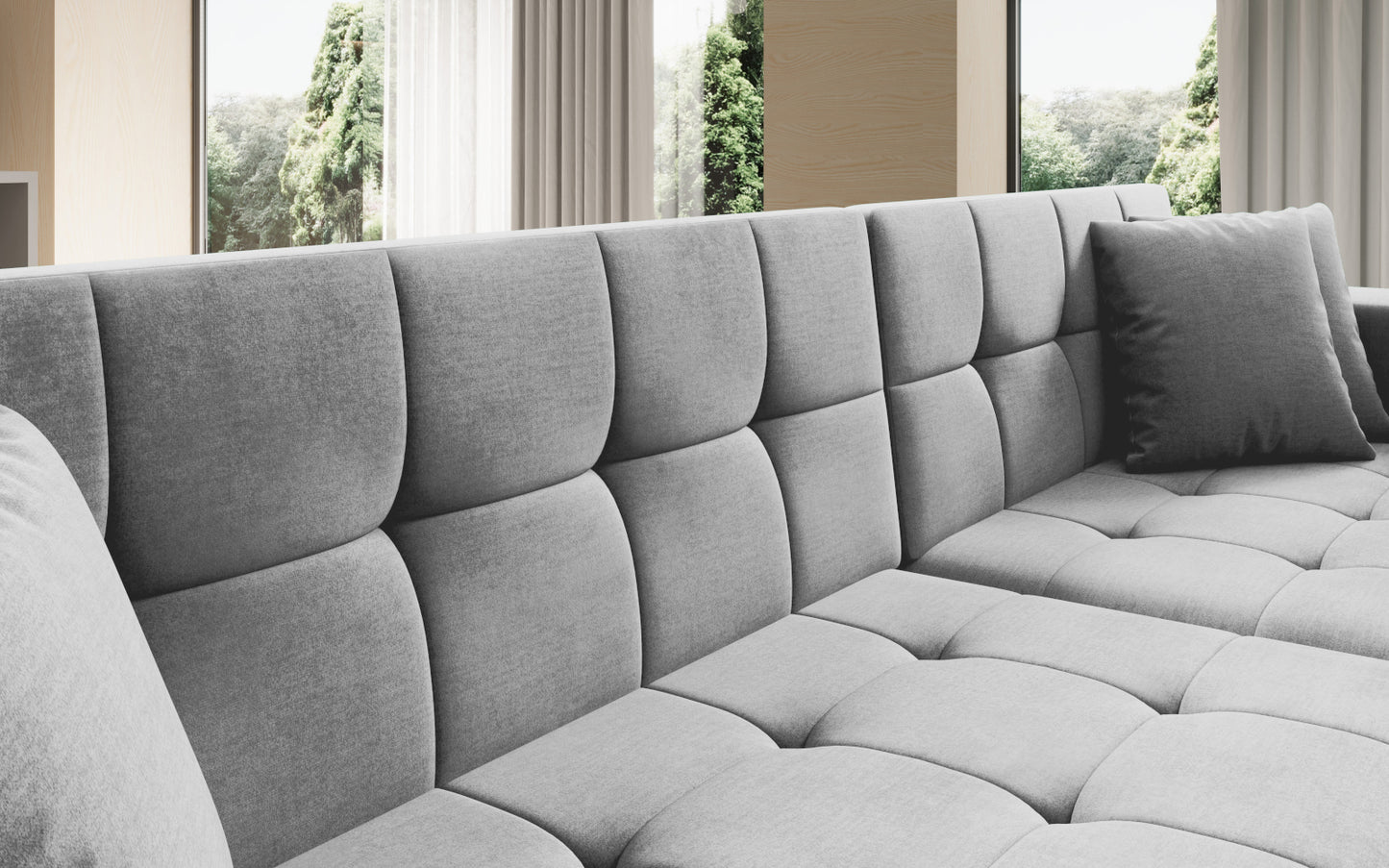 Duży narożnik Solange prawy w tkaninie Monolith 84 w kolorze jasnoszarym to wygodna sofa wypoczynkowa, która łączy funkcjonalność z subtelnym i eleganckim wyglądem wnętrza.