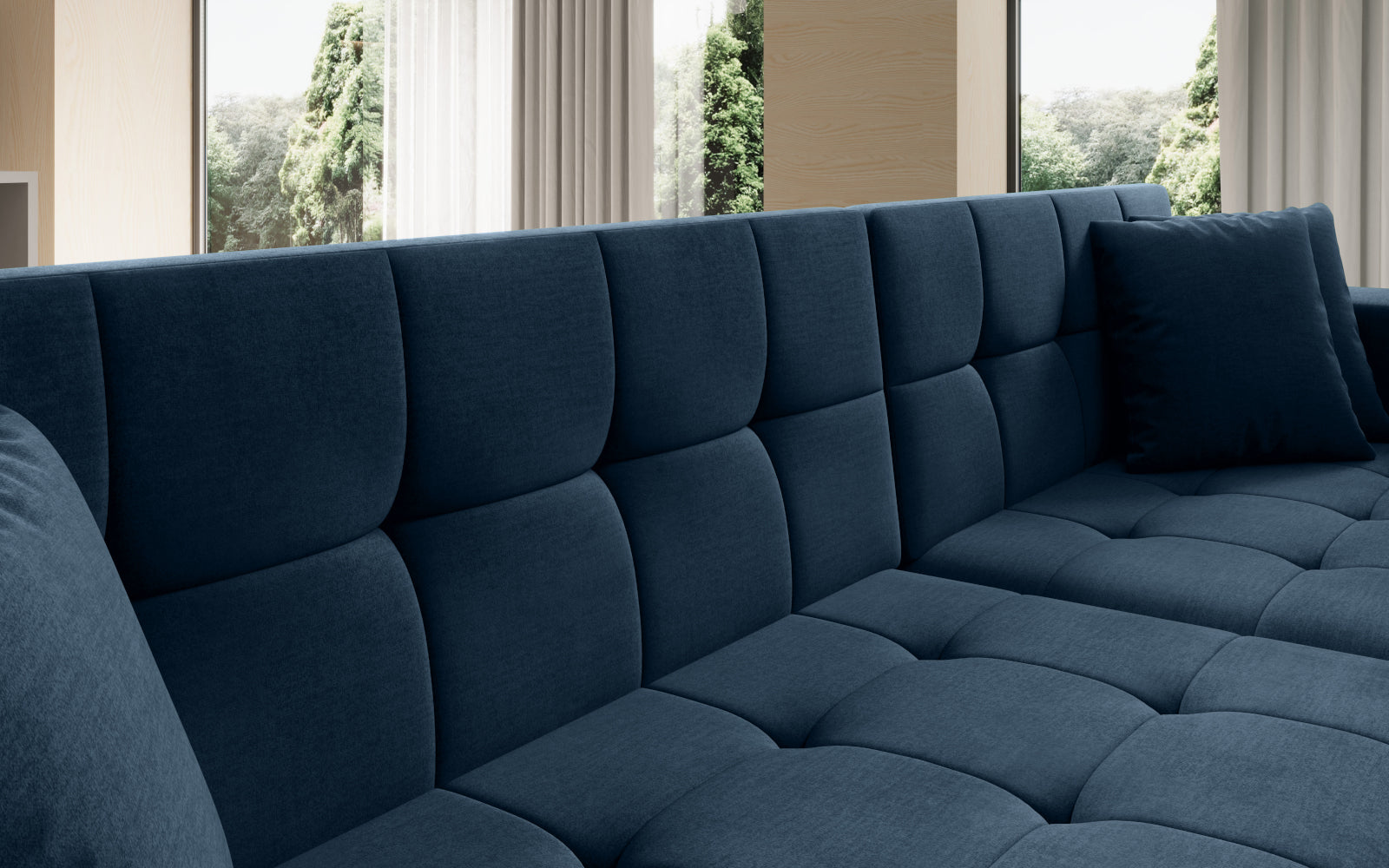 Duży narożnik Solange prawy w tkaninie Monolith 77 w kolorze niebieskim to wygodna sofa wypoczynkowa, która łączy funkcjonalność z eleganckim i nowoczesnym wyglądem wnętrza.