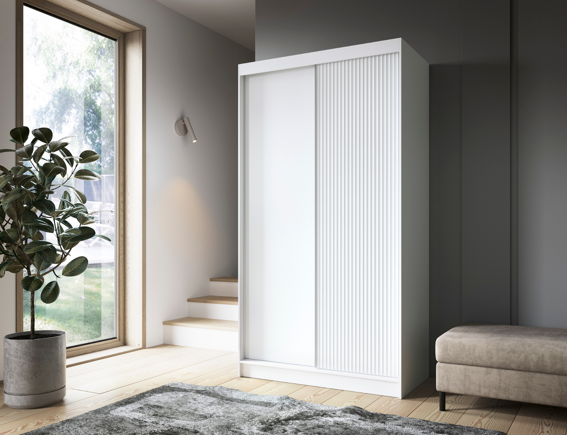 Biała szafa przesuwna Biancco II z eleganckim frontem, widok w aranżacji nowoczesnej sypialni.