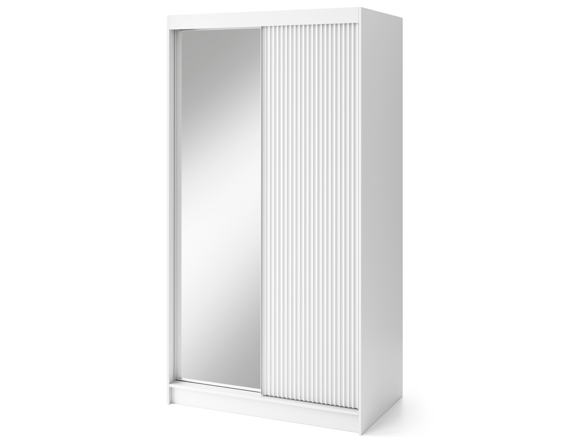 Biała szafa Biancco II z ryflowanym frontem i lustrem, praktyczne wnętrze z półkami oraz drążkiem na ubrania i dodatki.