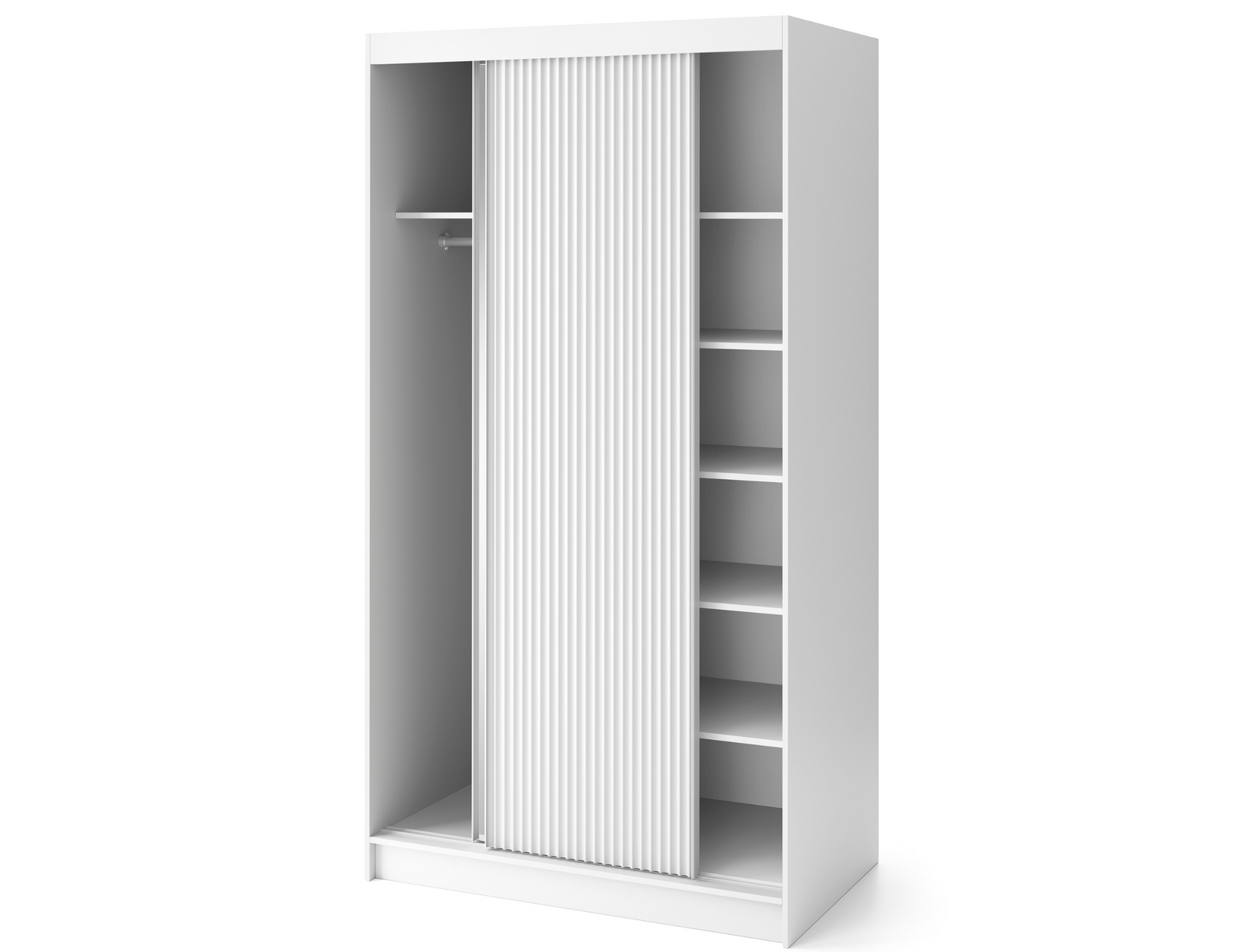 Nowoczesna szafa Biancco II biała z ryflowanym frontem i lustrem, przesuwne drzwi, półki i drążek na odzież.