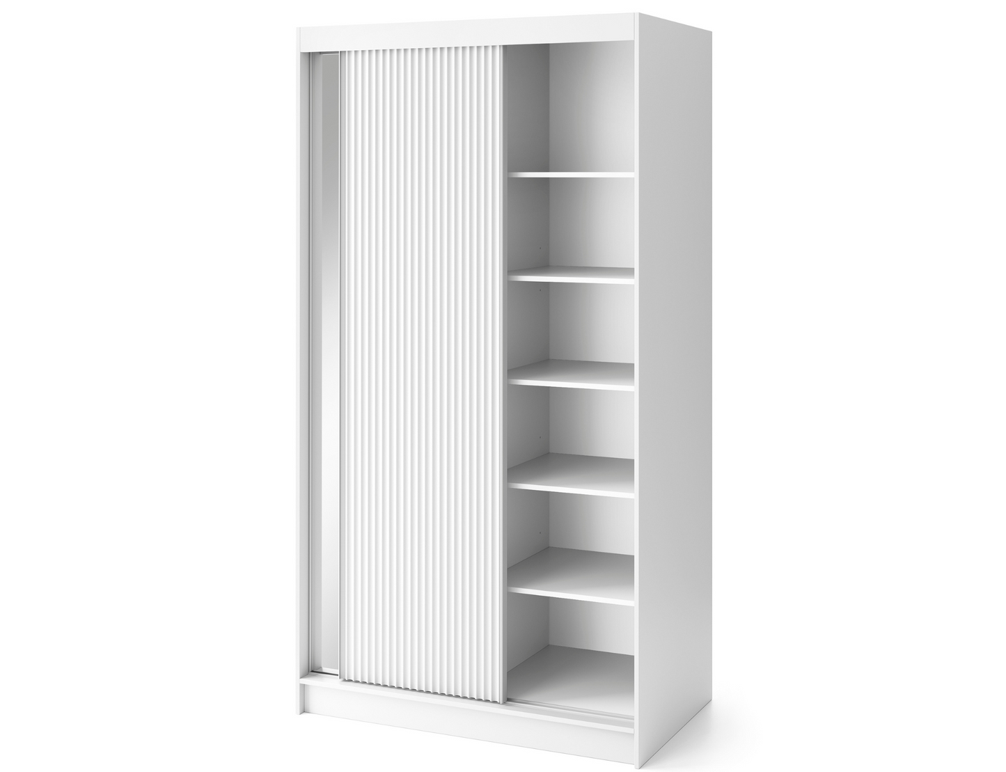 Szafa Biancco II biała z lustrem i ryflowanymi frontami, drzwi przesuwne, wnętrze z półkami i drążkiem na ubrania.