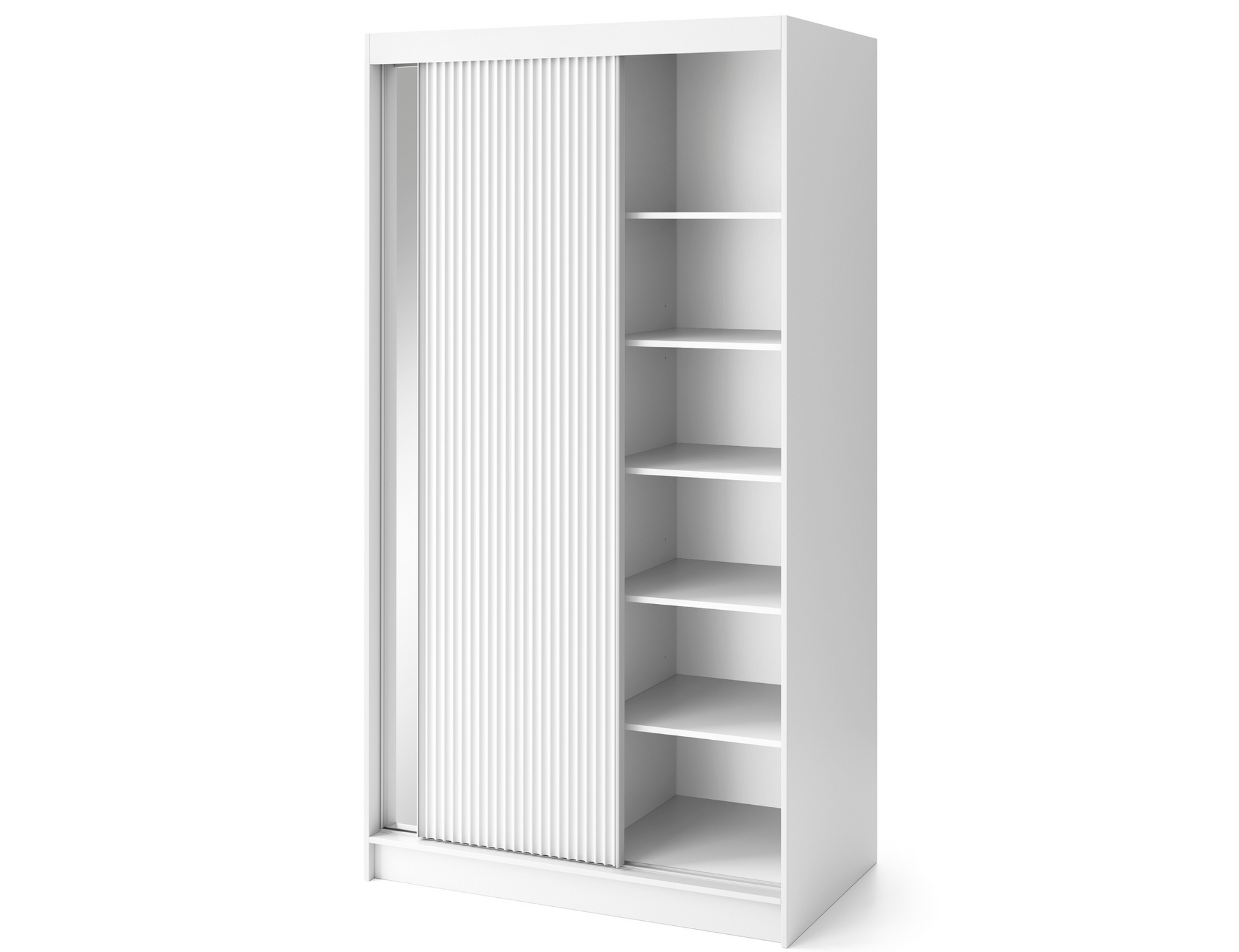 Szafa Biancco II biała z lustrem i ryflowanymi frontami, drzwi przesuwne, wnętrze z półkami i drążkiem na ubrania.