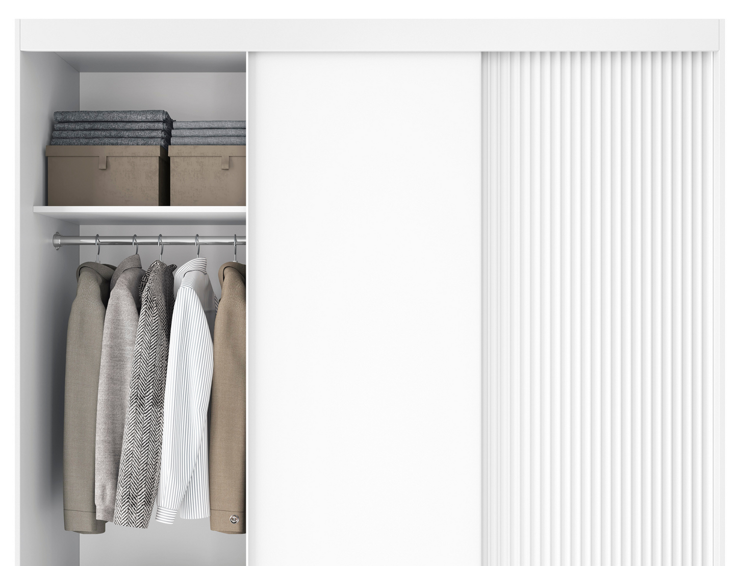 Wnętrze szafy Biancco III z drążkiem na ubrania, półkami i przestrzenią do przechowywania w białym, eleganckim wykończeniu.