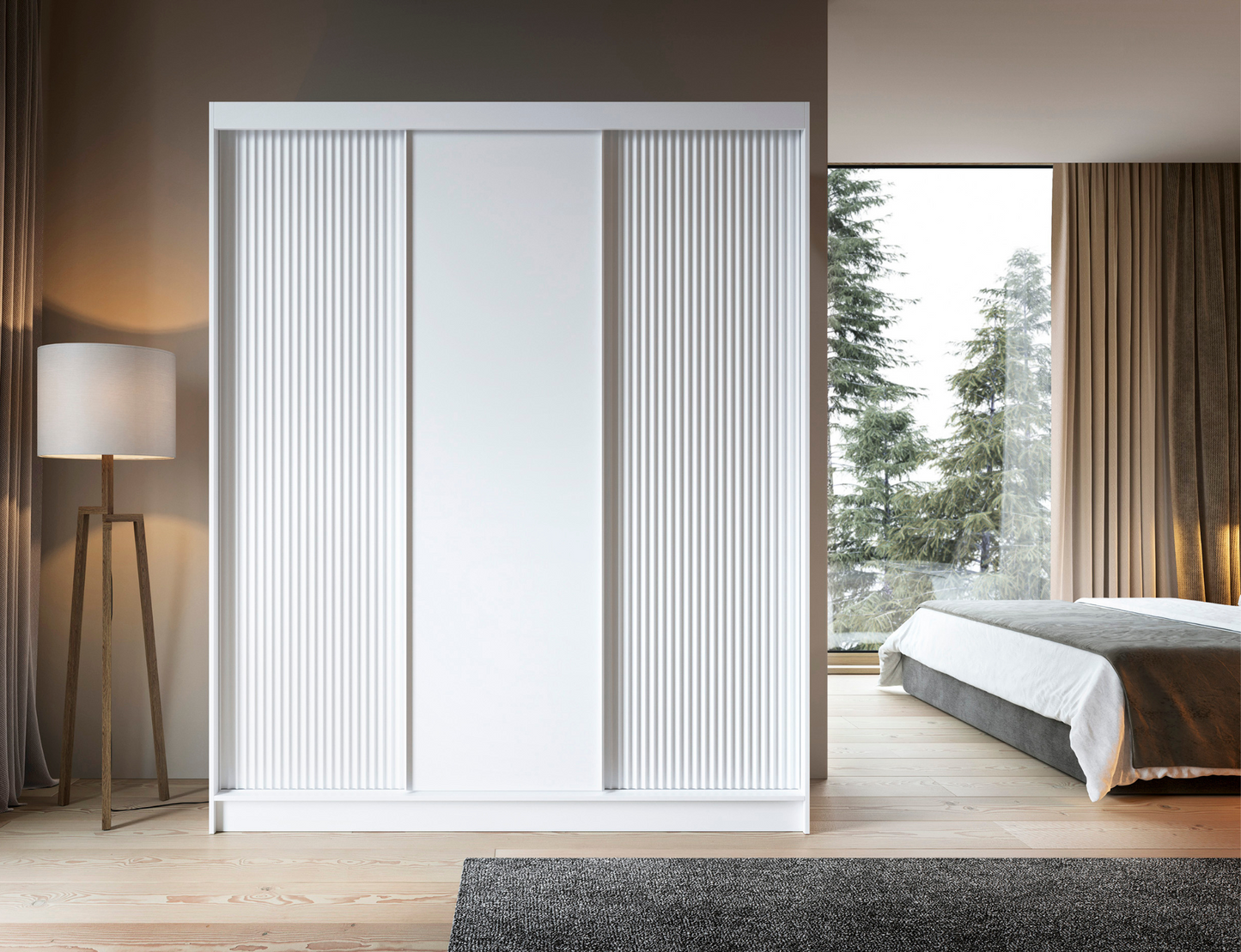 Szafa Biancco III biała z drzwiami przesuwnymi, ryflowanym wykończeniem i funkcjonalnym wnętrzem, idealna do nowoczesnych wnętrz.