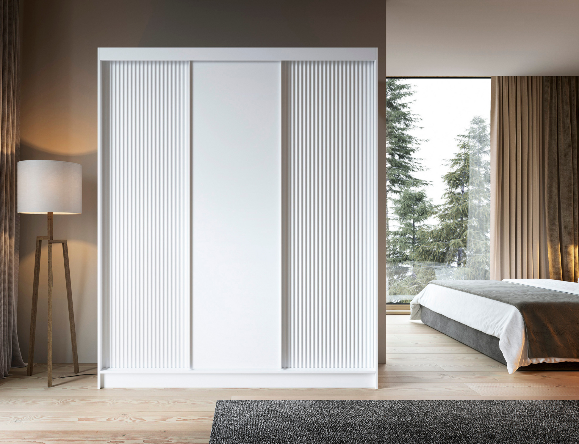 Szafa Biancco III biała z drzwiami przesuwnymi, ryflowanym wykończeniem i funkcjonalnym wnętrzem, idealna do nowoczesnych wnętrz.