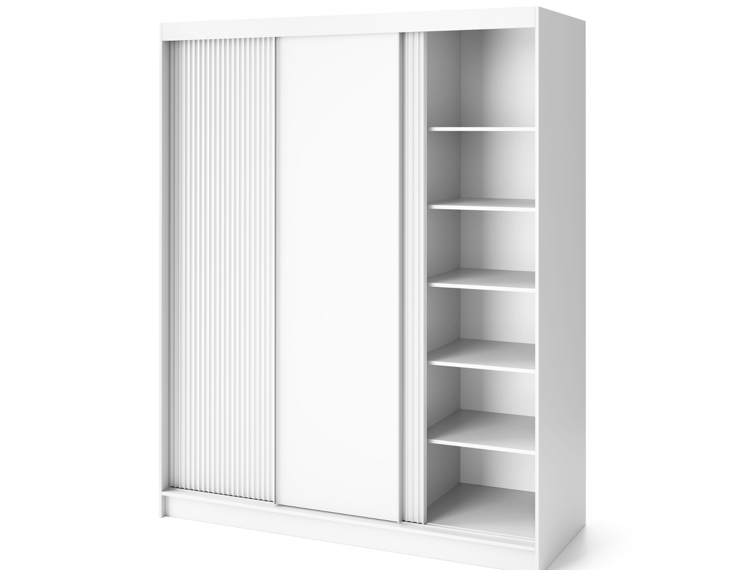 Nowoczesna szafa Biancco III w białym kolorze z ryflowanymi drzwiami przesuwnymi i funkcjonalnym wnętrzem do przechowywania.