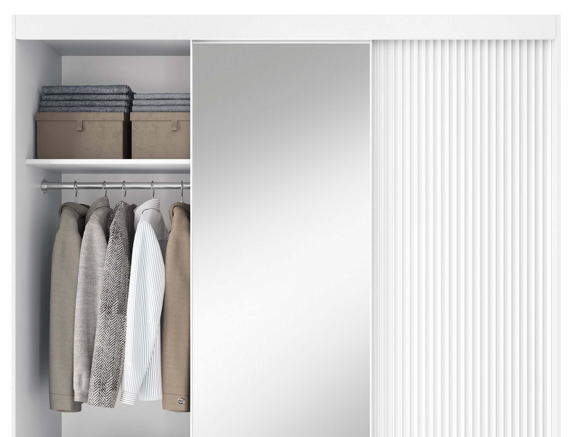 Wnętrze szafy Biancco III z lustrem i ryflowanym frontem – drążek na ubrania oraz górna półka na akcesoria.