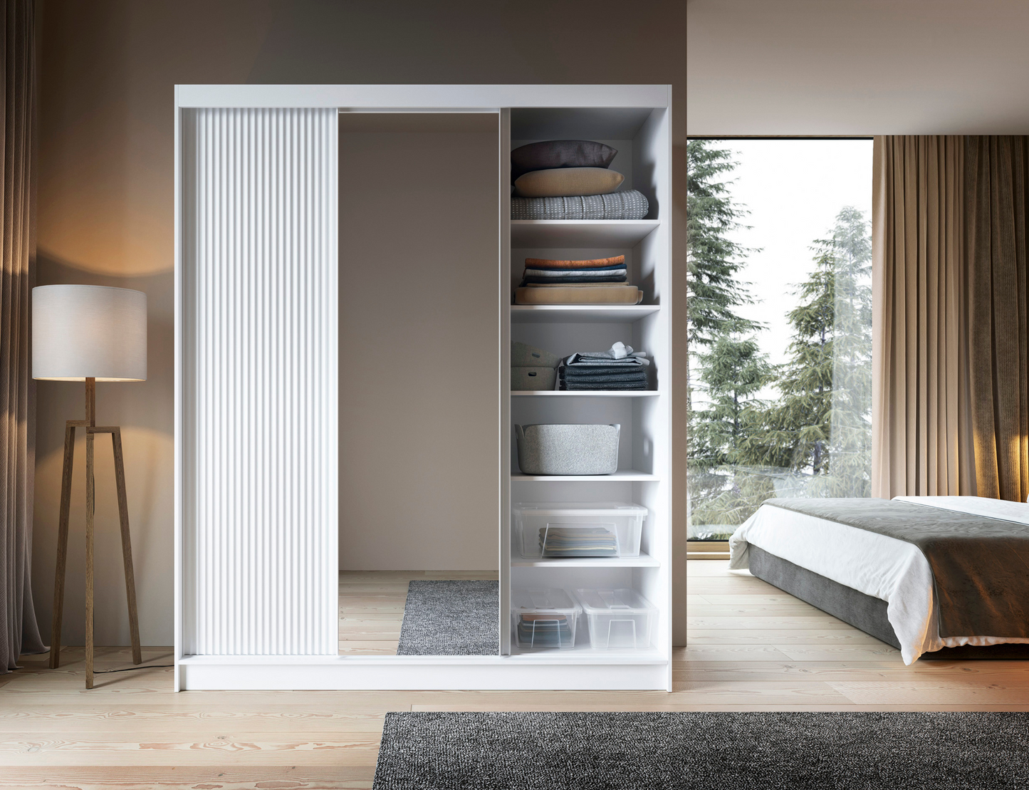 Otwarta szafa Biancco III biała z lustrem i ryflowanymi frontami – półki, drążek oraz praktyczne wnętrze do przechowywania.