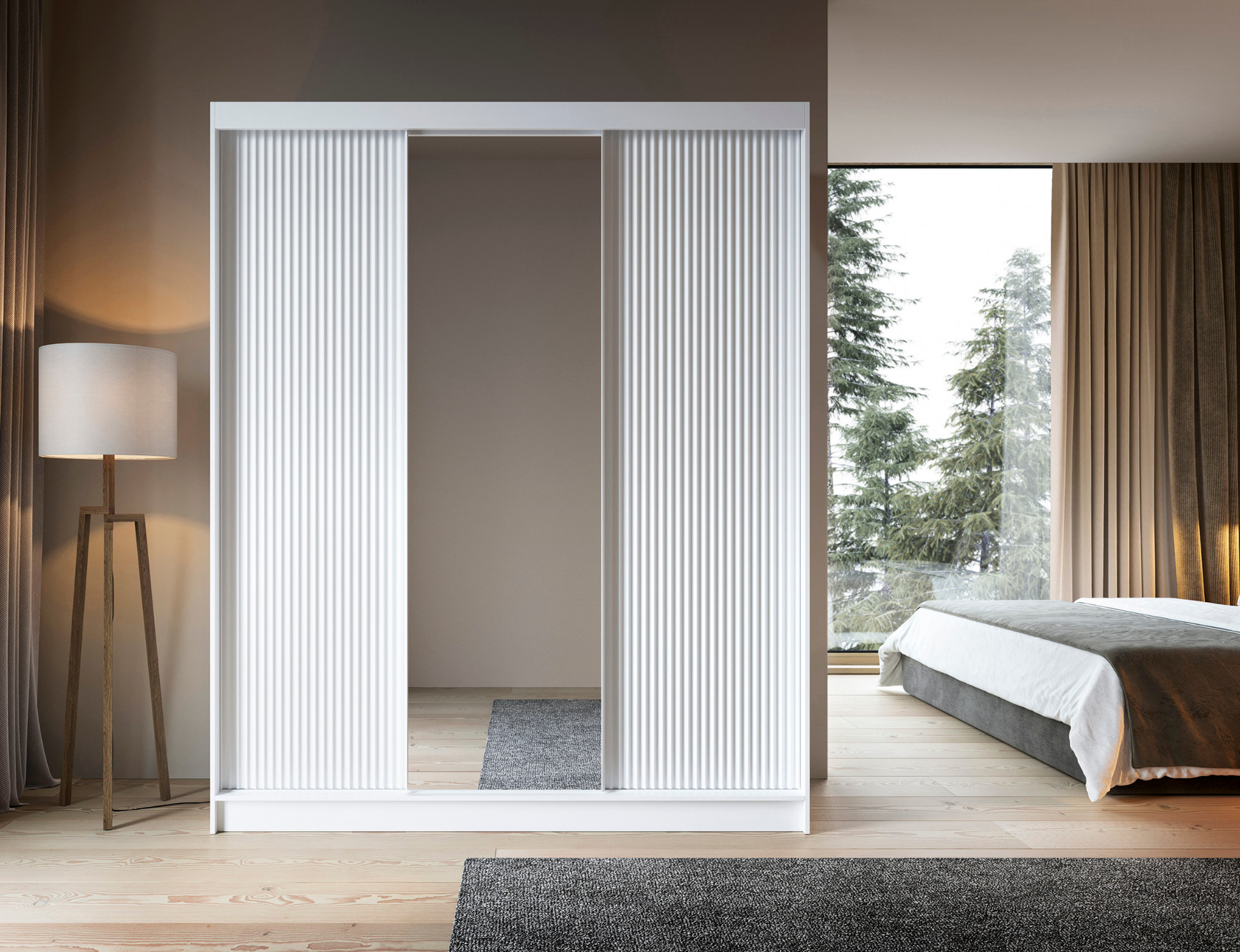 Szafa Biancco III biała z lustrem i ryflowanym frontem, widok skośny, nowoczesna forma idealna do sypialni lub garderoby.