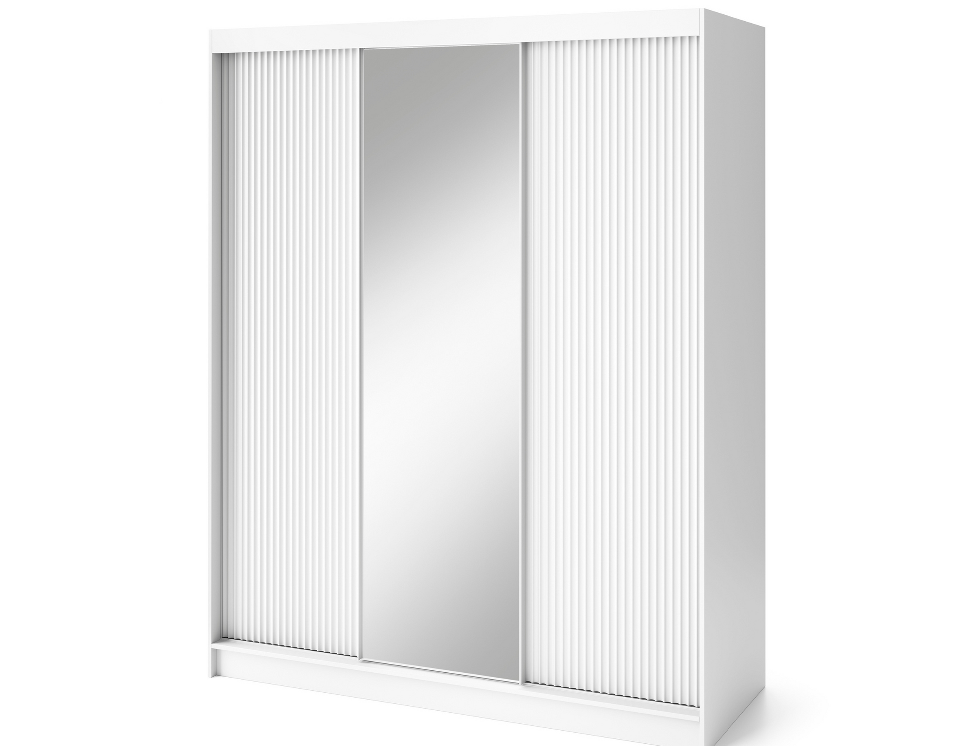 Biała szafa Biancco III z lustrem i ryflowanymi frontami, widok skośny prezentujący elegancki design i solidne wykonanie.