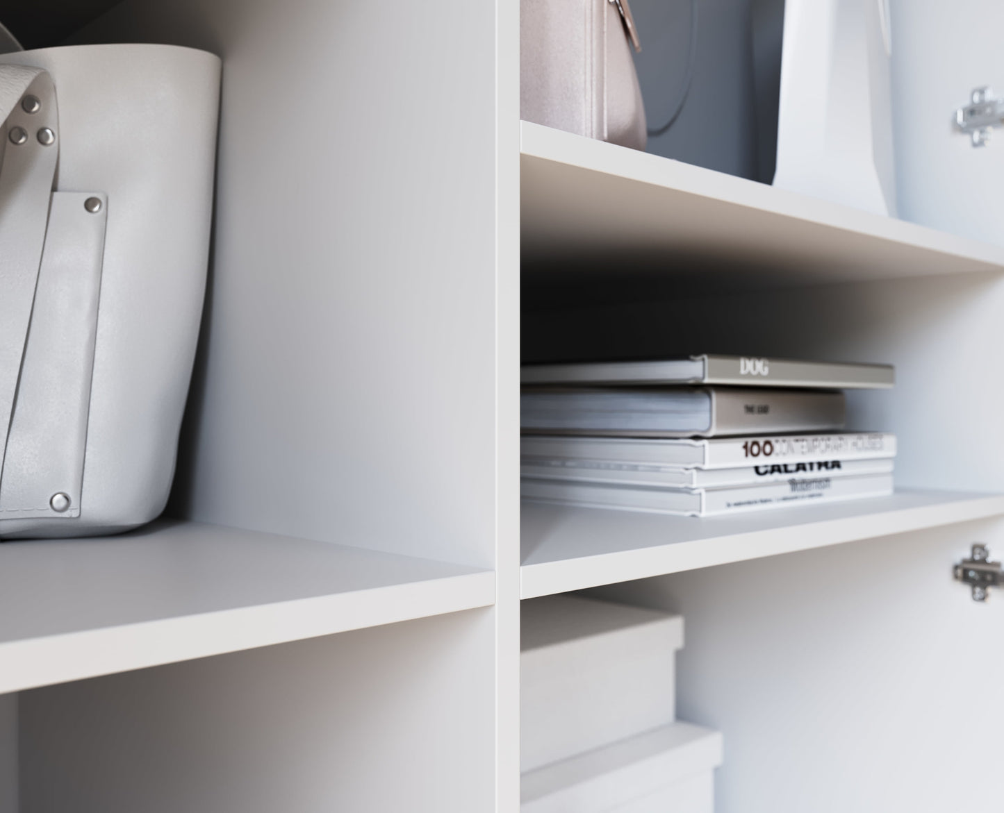 Detal półki wewnętrznej szafy Dullum z uporządkowanymi książkami i torebką w eleganckim wnętrzu.
