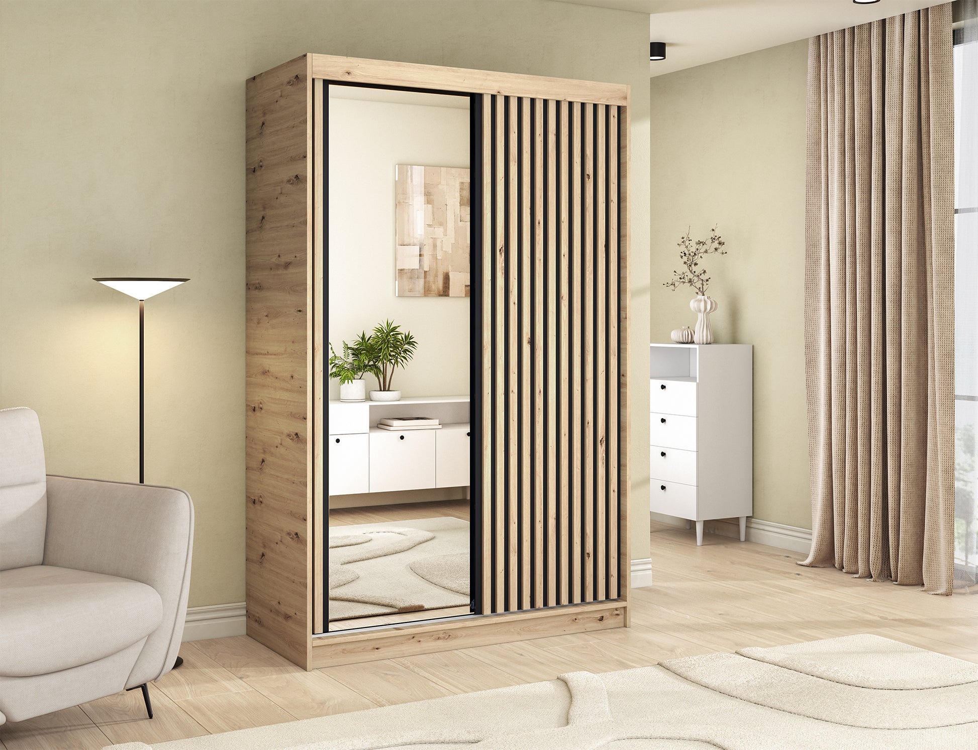 Szafa przesuwna Emerio II z lustrem i lamelami w aranżacji jasnego wnętrza. Stylowy dodatek do sypialni lub salonu w naturalnym stylu.