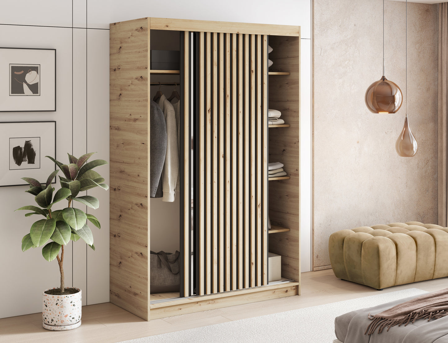 Szafa przesuwna Emerio II z uchylonymi drzwiami w nowoczesnej sypialni. Widoczne wnętrze z ubraniami i półkami w eleganckim układzie.