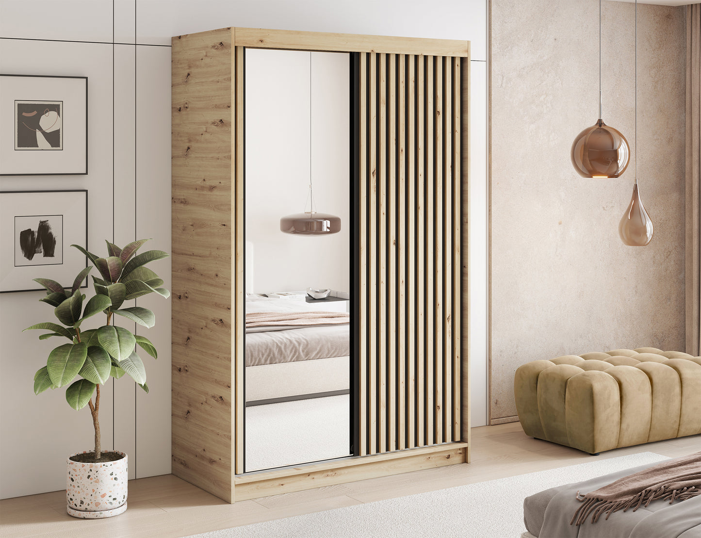 Szafa przesuwna Emerio II z lustrem i lamelami w aranżacji sypialni. Naturalny dekor dąb artisan idealny do wnętrz w stylu nowoczesnym i boho.