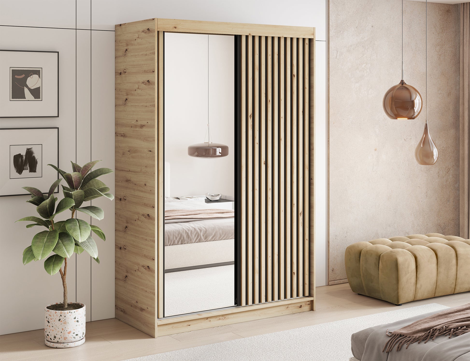 Szafa przesuwna Emerio II z lustrem i lamelami w aranżacji sypialni. Naturalny dekor dąb artisan idealny do wnętrz w stylu nowoczesnym i boho.