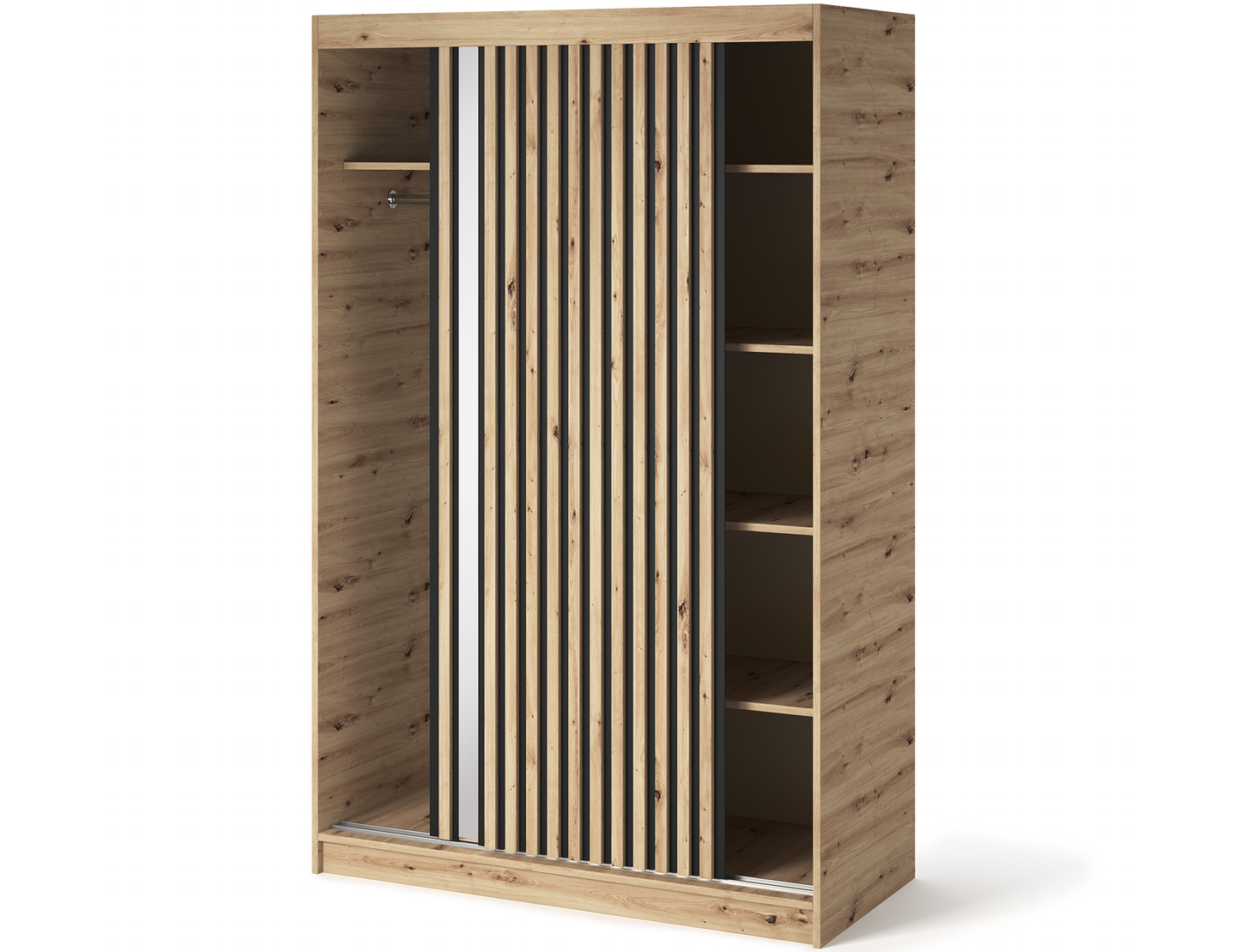 Szafa przesuwna Emerio II z uchylonymi drzwiami ukazującymi wnętrze z drążkiem i półkami. Praktyczny i pojemny układ do przechowywania ubrań.