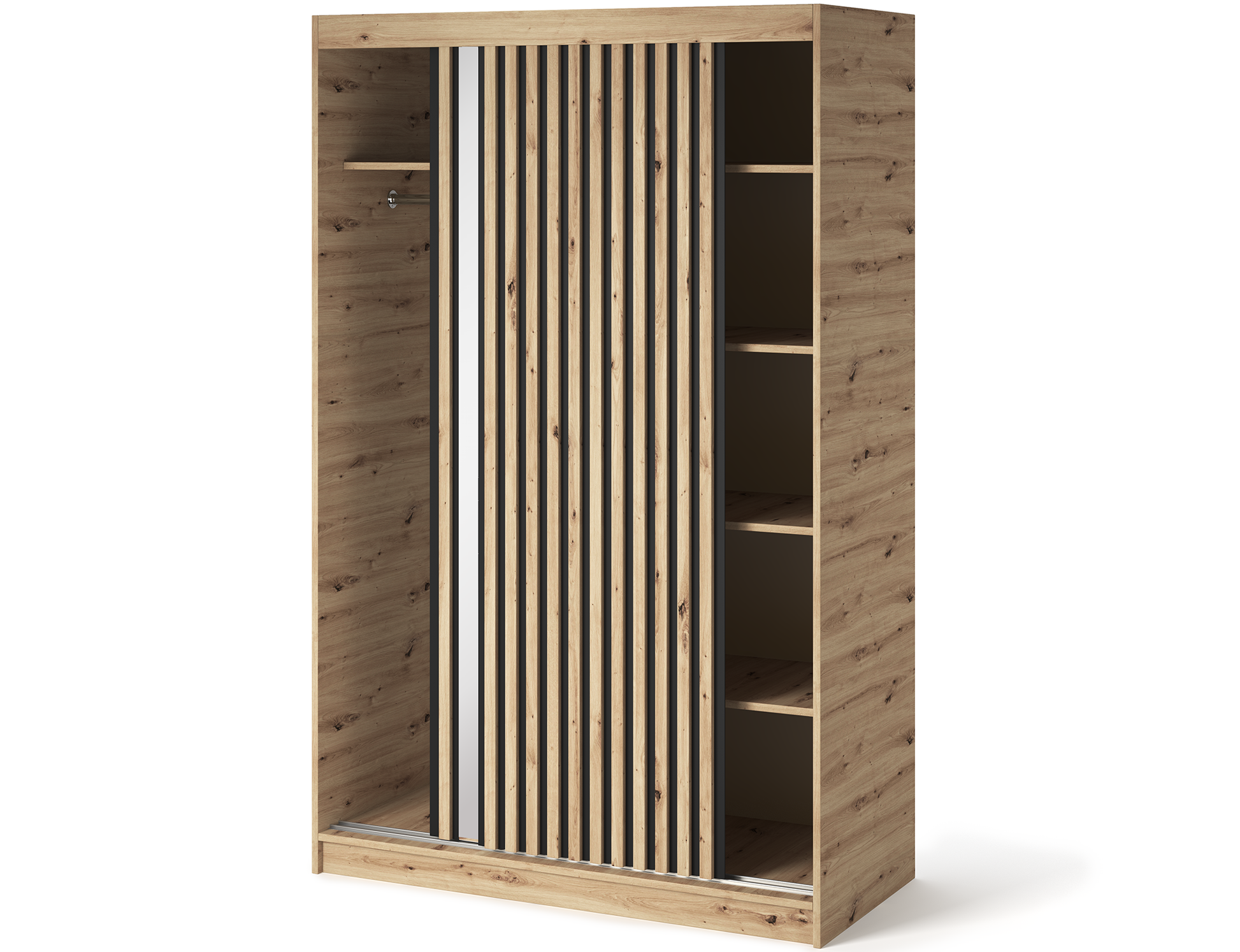 Szafa przesuwna Emerio II z uchylonymi drzwiami ukazującymi wnętrze z drążkiem i półkami. Praktyczny i pojemny układ do przechowywania ubrań.