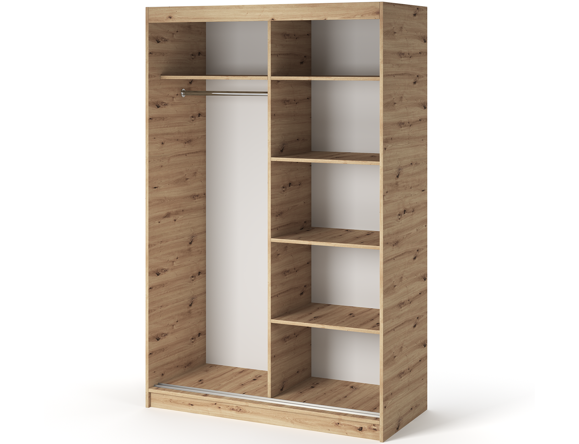 Widok wnętrza szafy Emerio II z drążkiem na wieszaki i pięcioma półkami. Praktyczne rozmieszczenie przestrzeni do przechowywania ubrań i dodatków.