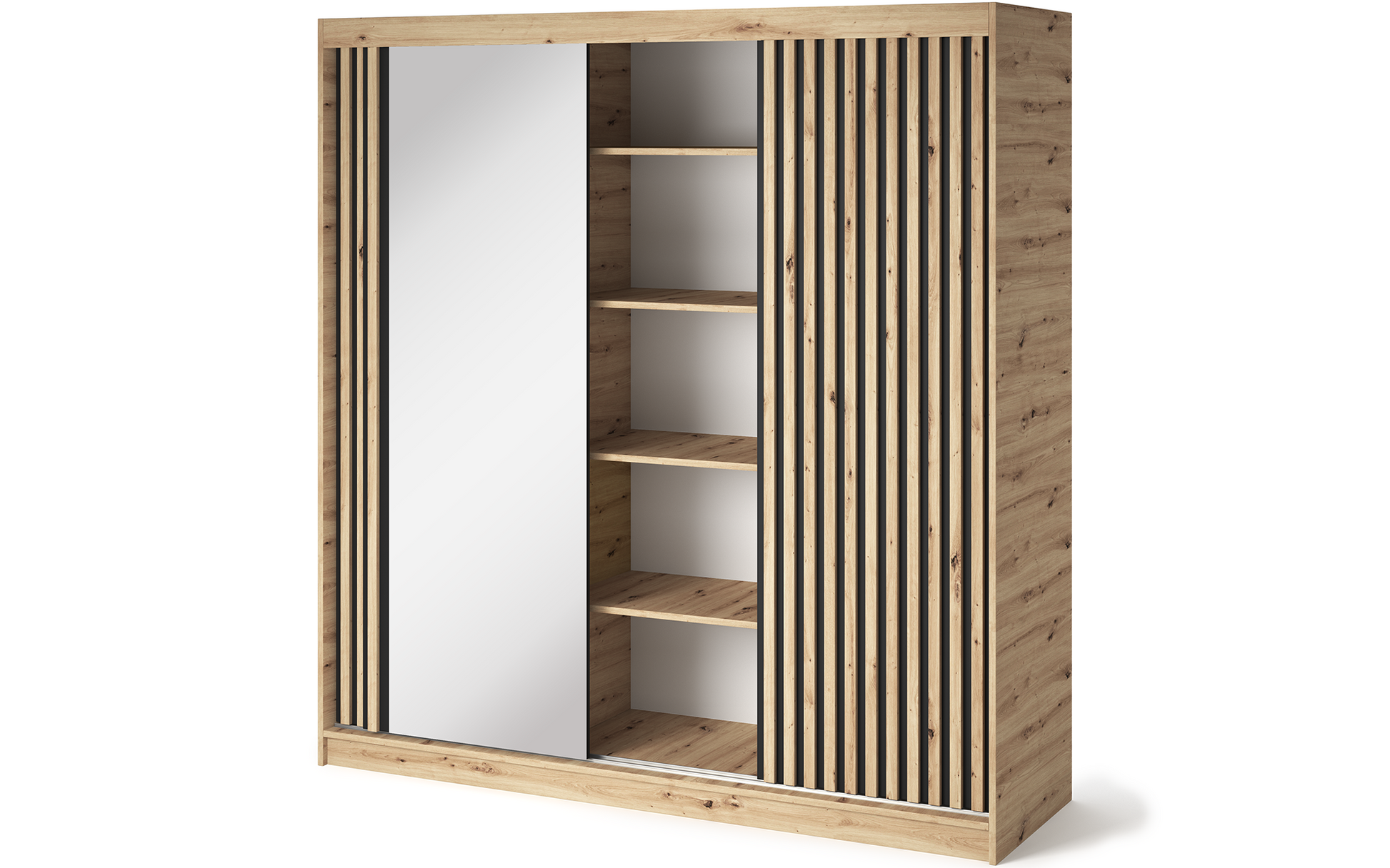 Szafa przesuwna Emerio III z częściowo otwartymi drzwiami, ukazująca funkcjonalne półki oraz duże lustro umieszczone na froncie.